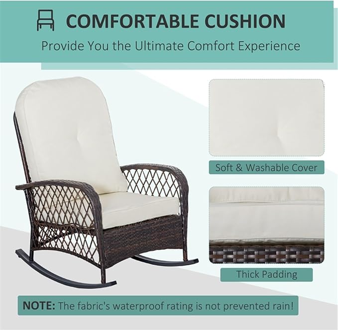 Outdoor Wicker Rocking Chair, PE Rattan Patio Rocker with Cushioned Removable Washable Covers for Porch, Garden, Backyard, Balcony(White)
