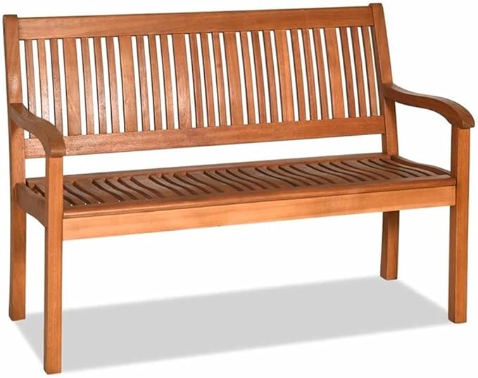 Pemberly Row 50" Eucalyptus Outdoor Garden Bench, Natural Finish, Solid Wood, Weather-Resistant, Ergonomic Design with Armrests, 2-Person Seating for Patio, Garden, or Poolside Use