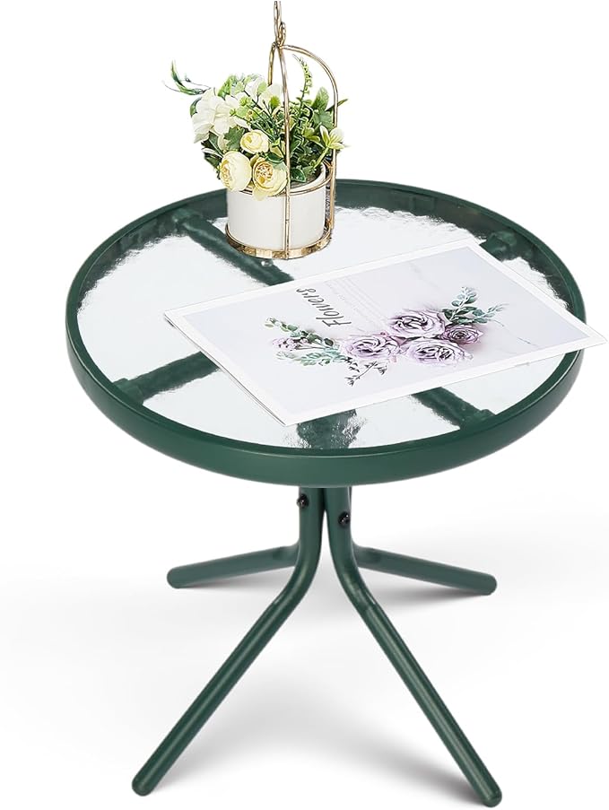 VINGLI Outdoor Side Table, 18" Patio Table Steel Frame Tempered Glass Top - Photo 1