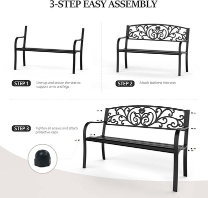 VINGLI Outdoor Bench for Patio Metal Garden Bench w/PVC Back Pattern, Black Park Benches Front Porch Benches for Yard Lawn Decor Deck Entryway (Black-Floral)