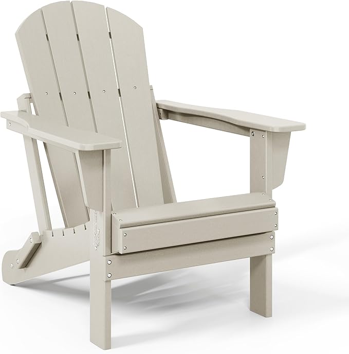 WestinTrends Malibu 3-Pieces Adirondack Chairs Set with Side Table, All Weather Outdoor Seating Plastic Patio Lawn Chair Folding for Outside Porch Deck Backyard, Sand