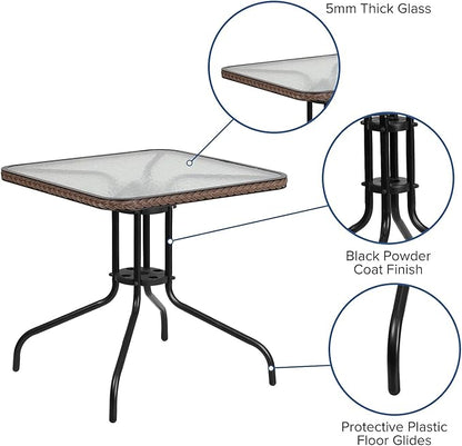 Flash Furniture Barker 28'' Square Tempered Glass Metal Table with Dark Brown Rattan Edging
