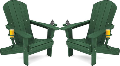 SERWALL Adirondack Chair with Cup Holders - Composite Adirondack Chairs Set of 2 HDPE Outdoor Chairs All Weather Use- Green
