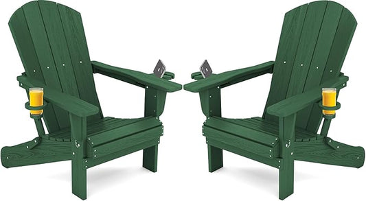 SERWALL Adirondack Chair with Cup Holders - Composite Adirondack Chairs Set of 2 HDPE Outdoor Chairs All Weather Use- Green