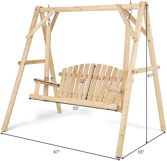 Tangkula A-Frame Wood Log Swing Bench, Outdoor Rustic Curved Back Swing Chair for Patio Garden Yard - Photo 4