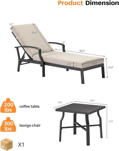 3 Pieces Outdoor Chaise Lounge Set, Aluminum Pool Lounge Chairs with Side Table, Patio Lounge Chairs with Gray Cushions, Outdoor Lounger Pool Furniture Set for Poolside, Beach, Yard, Gunmetal