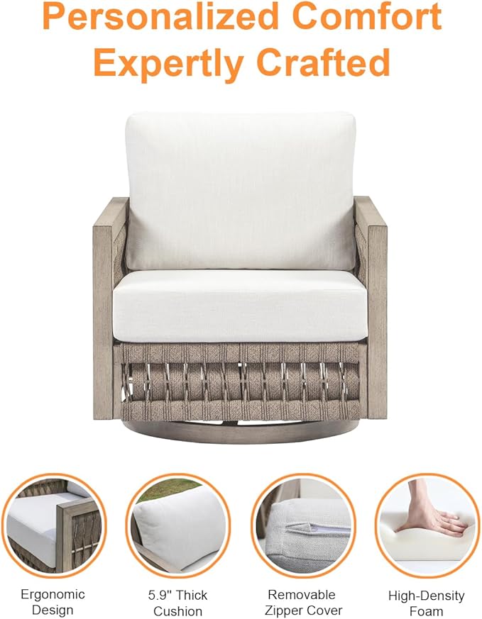 Swivel Patio Chair, Never Rust Aluminum Outdoor Swivel Sofa Chair with Washable Cushions, Rope Weave Patio Sofa Armchair - Photo 9