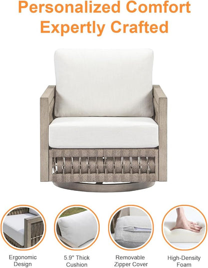 Swivel Patio Chair, Never Rust Aluminum Outdoor Swivel Sofa Chair with Washable Cushions, Rope Weave Patio Sofa Armchair, Deep Seating Outdoor Club Chairs for Garden, Porch, Poolside, Gray Oak