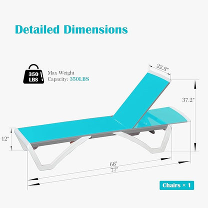 Domi Outdoor Lounge Chair, Aluminum Patio Chaise Lounge with 5 Position Adjustable Backrest and Wheels, All Weather Reclining Chair for Patio, Yard, Balcony, Poolside (Lake Blue)