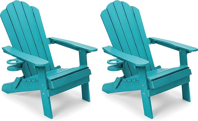 JEKO&JEKO Folding Adirondack Chairs Set of 2, All-Weather Outdoor Chair with Cup Holder, Plastic Adirondack Chair for Patio, Garden, Lawn, Porch, Deck, Backyard – Aruba Blue