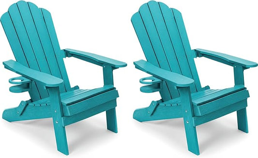 JEKO&JEKO Folding Adirondack Chairs Set of 2, All-Weather Outdoor Chair with Cup Holder, Plastic Adirondack Chair for Patio, Garden, Lawn, Porch, Deck, Backyard – Aruba Blue
