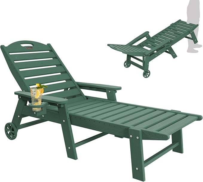 Chaise Lounge Chair Outdoor with Wheels, Adjustable 5-Position Chaise Lounge Outdoor with Wood Texture, Patio Lounge Chair for Poolside Backyard, Green