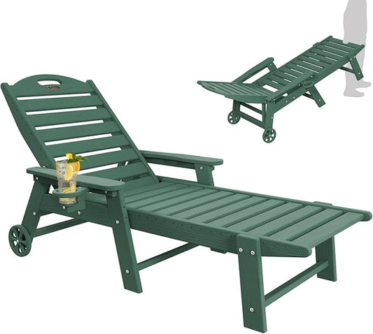 Chaise Lounge Chair Outdoor with Wheels, Adjustable 5-Position Chaise Lounge Outdoor with Wood Texture, Patio Lounge Chair for Poolside Backyard, Green