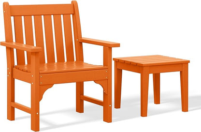 Costaelm Outdoor Patio Table and Chairs Set of 2, 2-Piece HDPE Garden Chair with Square Adirondack Side Table Set, Porch Chairs Coffee Table for Outside Porch Backyard, Orange