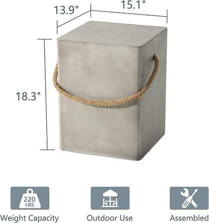 COSIEST Concrete Side Table, Rectangular Outdoor Side Table w Hemp Rope Handles,15''Patio Side Tables End Table, Outdoor Accent Coffe Table for Garden and Patio, Grey