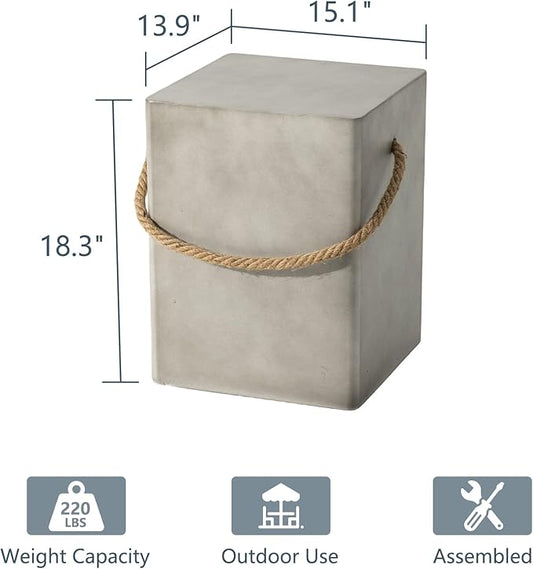 COSIEST Concrete Side Table, Rectangular Outdoor Side Table w Hemp Rope Handles,15''Patio Side Tables End Table, Outdoor Accent Coffe Table for Garden and Patio, Grey