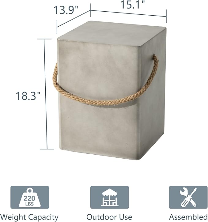 COSIEST Set of 2 Concrete Side Table, Rectangular Outdoor Side Table w Hemp Rope Handles - Photo 3