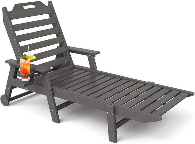 Mdeam 6-Position Lounge Chair Outdoor, 22" W Oversized Sun Tanning Chair, 500LBS Capacity, HDPE All-Weather Patio Lounge Chaise with Wheels Cup Holder for Pool Beach Backyard Lawn Deck, Dark Grey