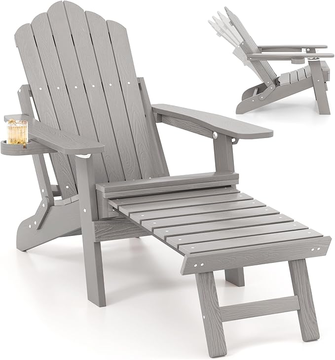 Giantex Folding Adirondack Chair, All-Weather Lounge Chair with Adjustable Backrest, Retractable Ottoman, Cup Holder, HIPS Fire Pit Chair for Lawn, Pool, Patio, Porch (1, Gray)