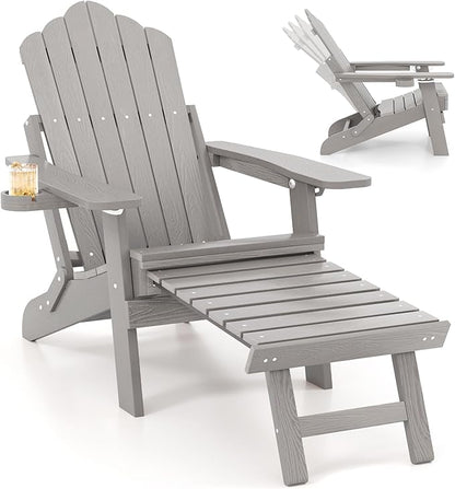Giantex Folding Adirondack Chair, All-Weather Lounge Chair with Adjustable Backrest, Retractable Ottoman, Cup Holder, HIPS Fire Pit Chair for Lawn, Pool, Patio, Porch (1, Gray)