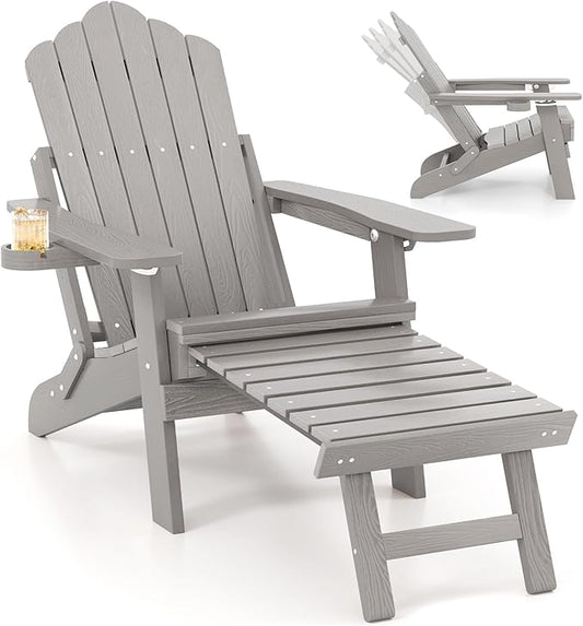 Giantex Folding Adirondack Chair, All-Weather Lounge Chair with Adjustable Backrest, Retractable Ottoman, Cup Holder, HIPS Fire Pit Chair for Lawn, Pool, Patio, Porch (1, Gray)