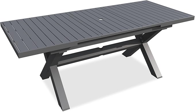 TWT Expandable Table Dining Set for 6 to 10, Aluminum Outdoor Dining Table, Rectangular Patio Metal Table with Umbrella Hole for Backyard Porch, Poolside ＆ Garden, Easy Assembly, Dark Grey
