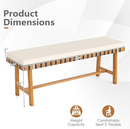Tangkula Acacia Wood Outdoor Bench with Padded Cushion, 48" Long Dining Bench with Washable Zippered Cover, Backless Wooden Entryway Bench, Garden Poolside Porch Balcony Deck Indoor Furniture (2)