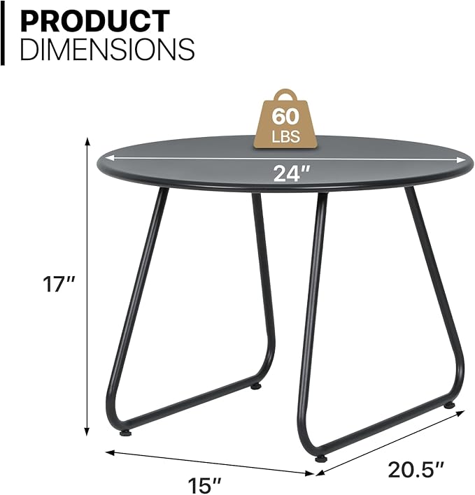 MoNiBloom Black Outdoor Patio Side Table, Weather Resistant 24" Round Steel Coffee Table for Garden Balcony Porch Backyard Lawn Deck Yard Poolside Outside