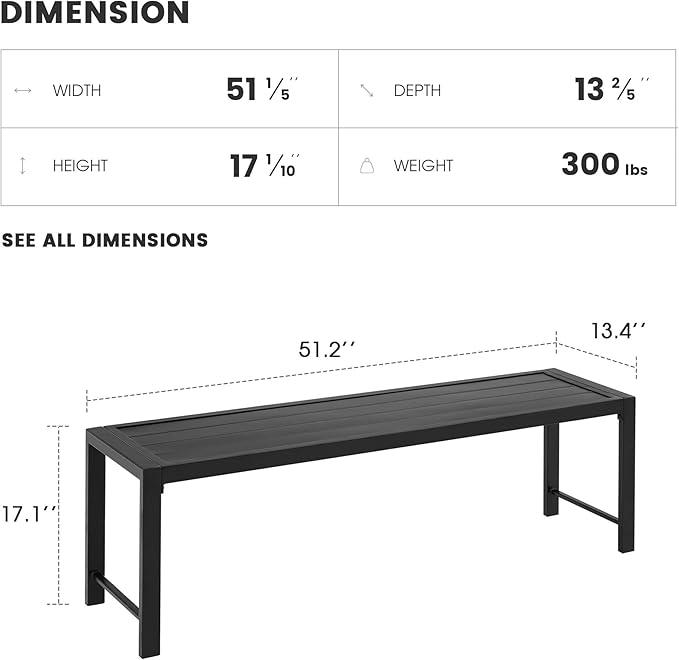 Outdoor Patio Backless Bench Set of 2, 51.2" All-Weather Long Metal Garden Bench Seat for Backyard, Porch,Lawn, Black