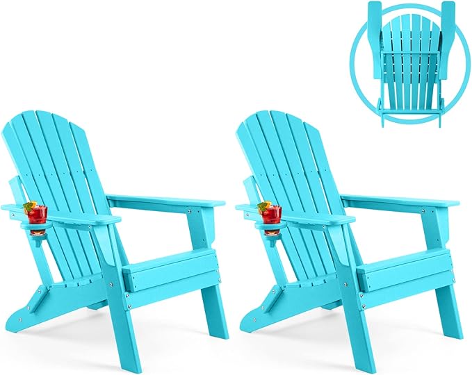 FUNBERRY Folding Adirondack Chair Set of 2, HDPE All Weather Fire Pit Chairs with Cup Holder for Outdoor