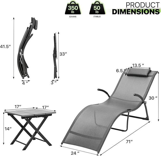 Magshion Outdoor Chaise Lounge Chair Set of 2 with Folding Side Table, Patio Pool Lounger Chairs with Pillows and Armrests, Tanning Recliner for Sunbathing, Beach, Deck, Lawn, Yard, Poolside, Grey