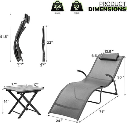 Magshion Outdoor Chaise Lounge Chair Set of 2 with Folding Side Table, Patio Pool Lounger Chairs with Pillows and Armrests, Tanning Recliner for Sunbathing, Beach, Deck, Lawn, Yard, Poolside, Grey