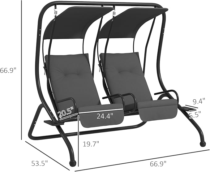 Outsunny Patio Swing Chair with 2 Separate Seats, Outdoor Swing with Removable Canopy and Cup Holders for Porch, Garden - Photo 7
