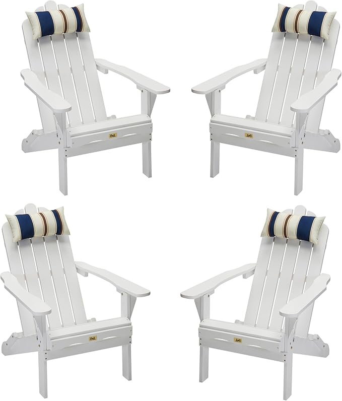 DJL Outdoor Wooden White Adirondack Chairs Set of 4 Patio Folding Lounge Wood Outside Deck, Porch, Lawn, Pool, Yard, Garden, Fire Pit