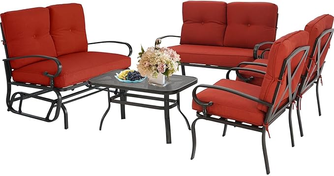 5Pcs Patio Conversation Set Outdoor Wrought Iron Furniture Set with 1 Glider, 1 Loveseat, 2 Single Chairs - Photo 1