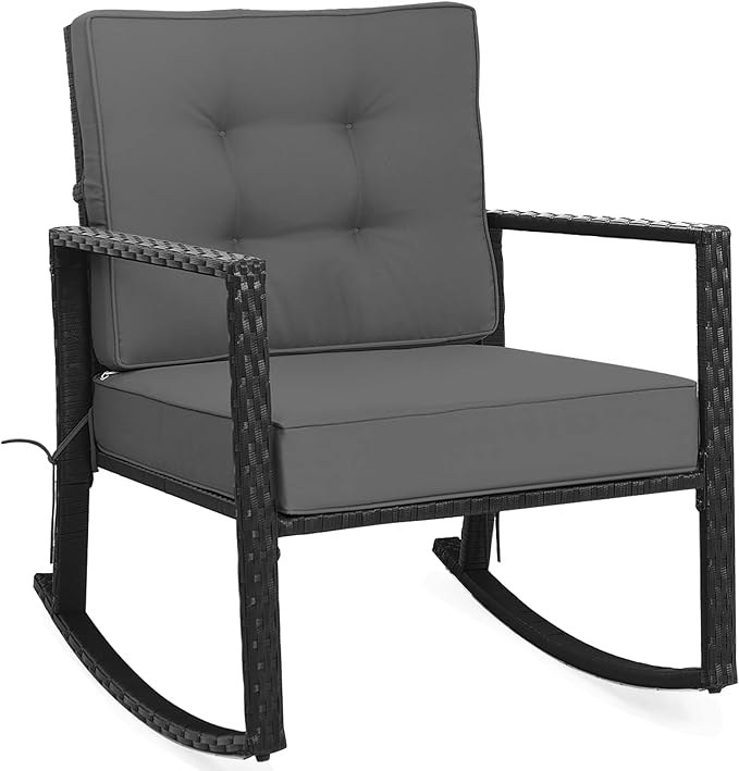 Tangkula Wicker Rocking Chair, Outdoor Glider Rattan Rocker Chair with Heavy-Duty Steel Frame, Patio Wicker Furniture Seat with 5” Thick Cushion for Garden, Porch, Backyard, Poolside (1, Gray)