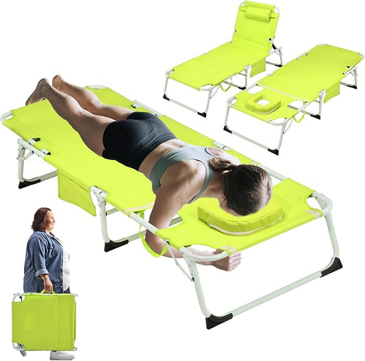 XMT 3-in-1 Tanning Chair with Face Hole for Outside, 5-Position Reclining & Head Cushion – Portable Folding Beach Lounge Chairs for Pool, Lawn, Yard (Green)