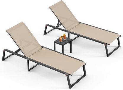Aluminum Patio Chaise Lounge Set of 2 with 1 Side Table, Foldable Outdoor Pool Lounge Chairs 5-Position Recliner for Outside Poolside, Fully Grounded Legs Sun Lounger for Beach, Yard, Khaki