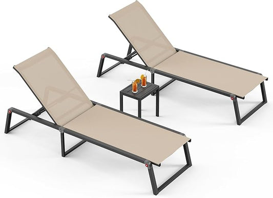 Aluminum Patio Chaise Lounge Set of 2 with 1 Side Table, Foldable Outdoor Pool Lounge Chairs 5-Position Recliner for Outside Poolside, Fully Grounded Legs Sun Lounger for Beach, Yard, Khaki