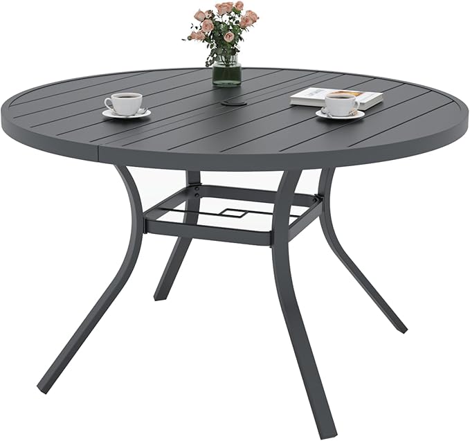 Round Outdoor Dining Table, 48 Inch All-Weather Patio Table with Adjustable Umbrella Hole for Deck Lawn Garden Backyard Balcony Deck, Black Metal Frame Slatted Tabletop