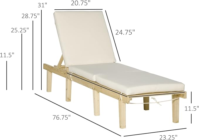 Outsunny Chaise Lounge Chair for Outdoor, Wood Outdoor Chaise Lounge with 4-Position Adjustable Backrest and Cushion - Photo 3