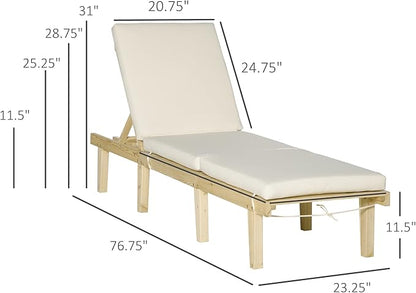 Outsunny Chaise Lounge Chair for Outdoor, Wood Outdoor Chaise Lounge with 4-Position Adjustable Backrest and Cushion, Reclining Beach Lounge Chair for Deck, Pool, Lawn and Sunbathing, Natural