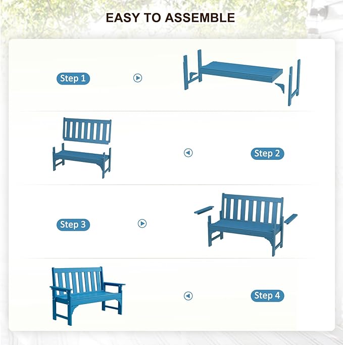 nalone Outdoor Bench, HDPE All Weather Patio Bench Load up to 800 Lbs, 2-Person Garden Bench Rot-Proof Fade Proof for Patio, Porch, and Park (Blue)