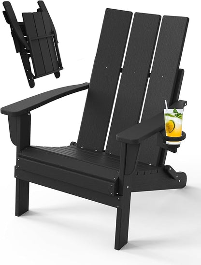 Adirondack Chair with Cup Holder, Folding Outdoor Lawn Chair, HDPE Plastic Fire Pit Chair, Weather Resistant Patio Chairs for Deck, Porch, Backyard, Garden