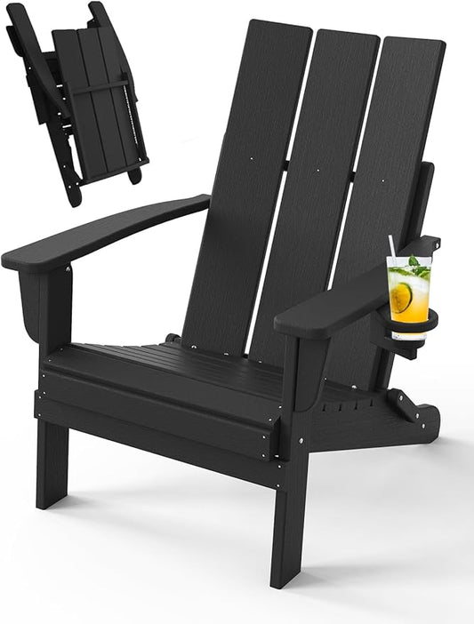 Adirondack Chair with Cup Holder, Folding Outdoor Lawn Chair, HDPE Plastic Fire Pit Chair, Weather Resistant Patio Chairs for Deck, Porch, Backyard, Garden