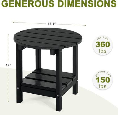 Adirondack Outdoor Side Tables, 2-Tier Round Outdoor Table, Weather Resistant HDPE Patio End Table for Garden, Lawn, Pool, Beach, Porch, Deck, Backyard - Black