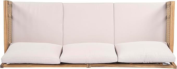 Merax Hommie 3-Seater Patio Sofa, 75in Outdoor Handwoven Rope Acacia Wood Couch with Beige Cushions for Garden, Backyard, Poolside, Teak