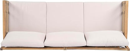 Merax Hommie 3-Seater Patio Sofa, 75in Outdoor Handwoven Rope Acacia Wood Couch with Beige Cushions for Garden, Backyard, Poolside, Teak