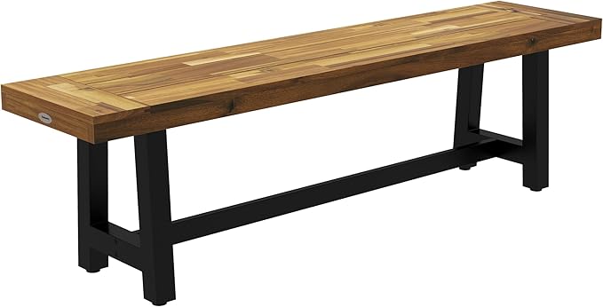Wooden Outdoor Garden Bench, Park Bench with Acacia Wood Seat, Front Porch Bench with Metal Frame for Conservatory, Poolside, Deck, 63" x 14.25" x 18", Natural