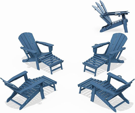 LOUNZY Folding Adjustable Adirondack Chair with Footrest Set of 4,HDPE Recliner Adirondack Chair with Cup Holder for Deck Lawn Fire Pit, Navy